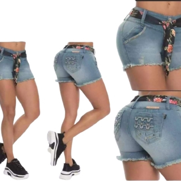 🇨🇴Colombian Butt Lifter Rhinestone Blue Denim Push Up Short - Picture 1 of 12